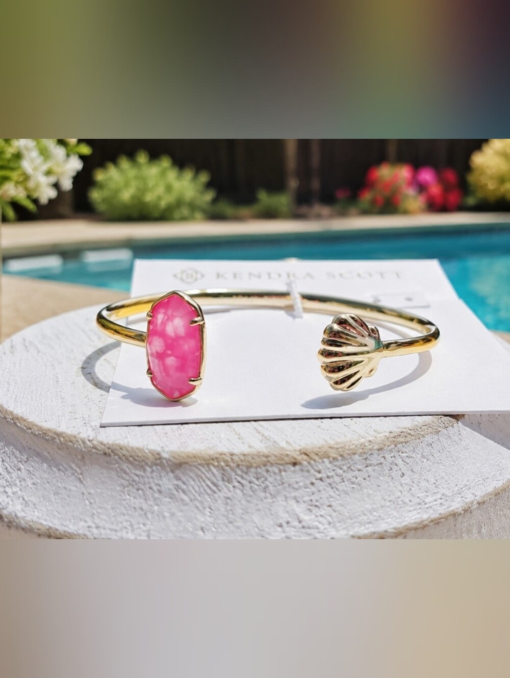 Kendra Scott Elton Shell Cuff Bracelet in Gold with Pink Marble Stone